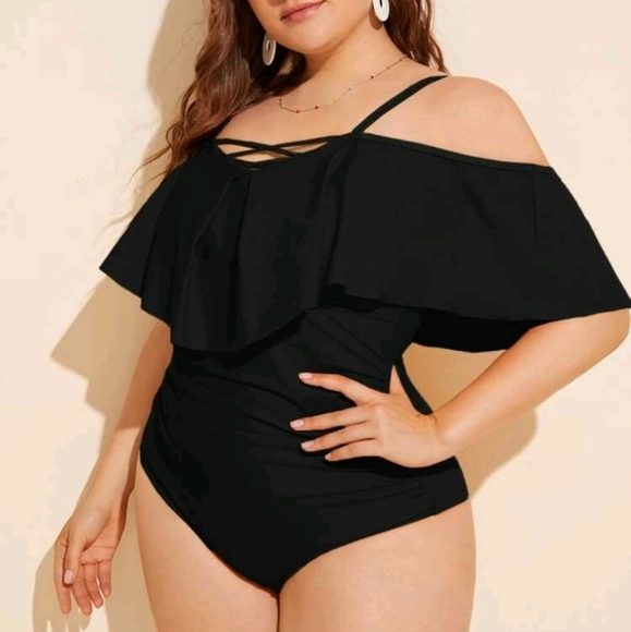 One Piece Black Swim Suit Off the Shoulder - Picture 3 of 11